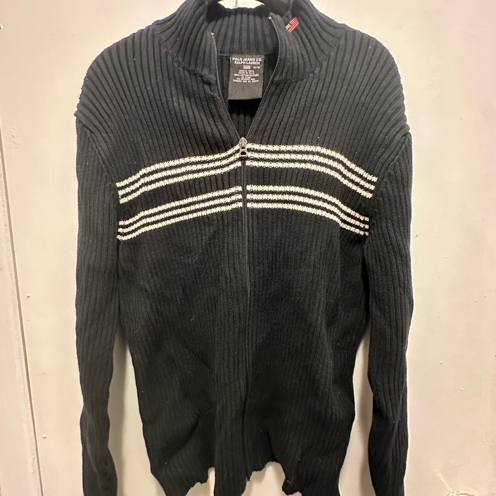 Ralph Lauren Black Zip-Up Sweater with White Stripes